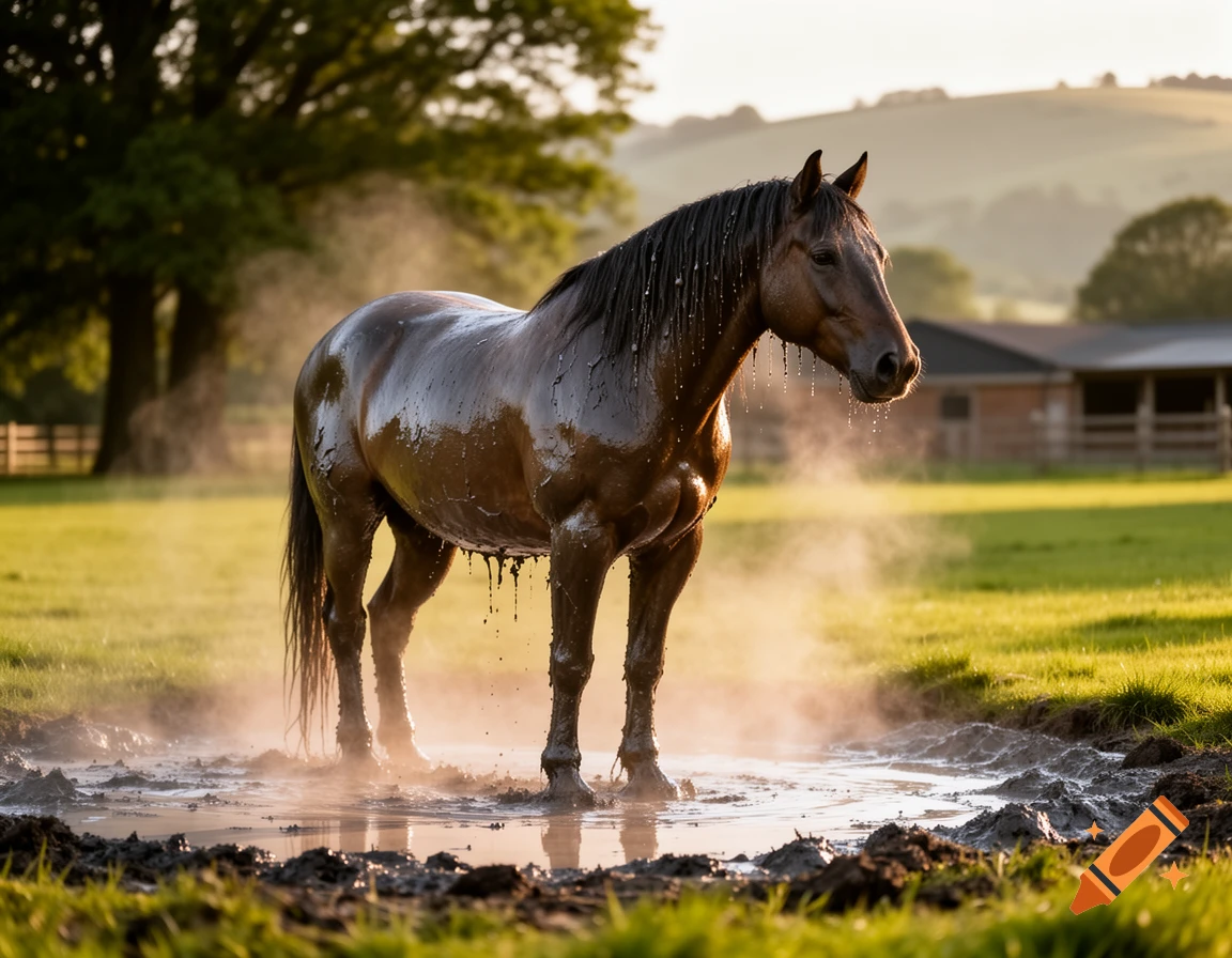 A wet brown horse stands in a muddy puddle in a grassy field, steam rising around it in the golden hour light, with trees and buildings in the background.