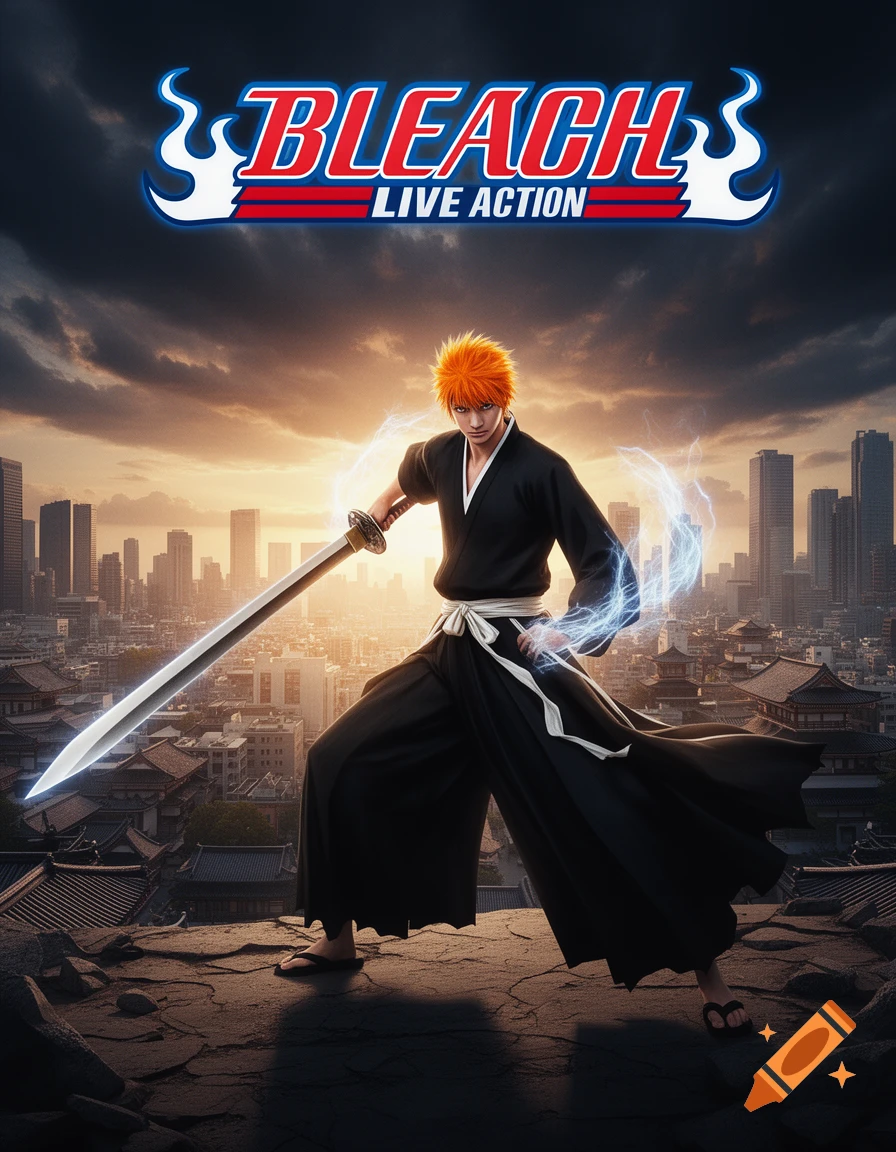 Live-action Bleach movie poster featuring Ichigo Kurosaki with a sword and energy on a rooftop overlooking a city at sunset.
