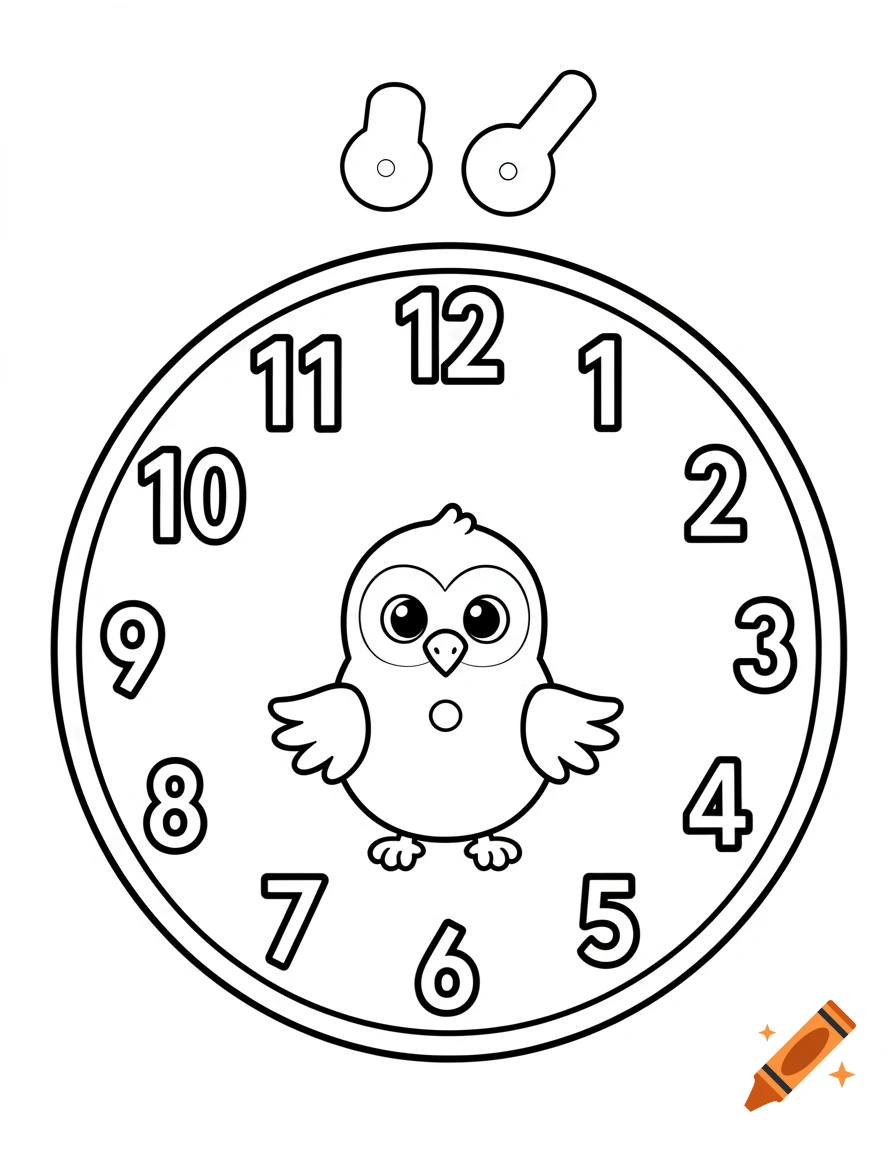 Black and white coloring page of a clock with numbers 1-12 and a cartoon eagle in the center, with separate clock hands above.