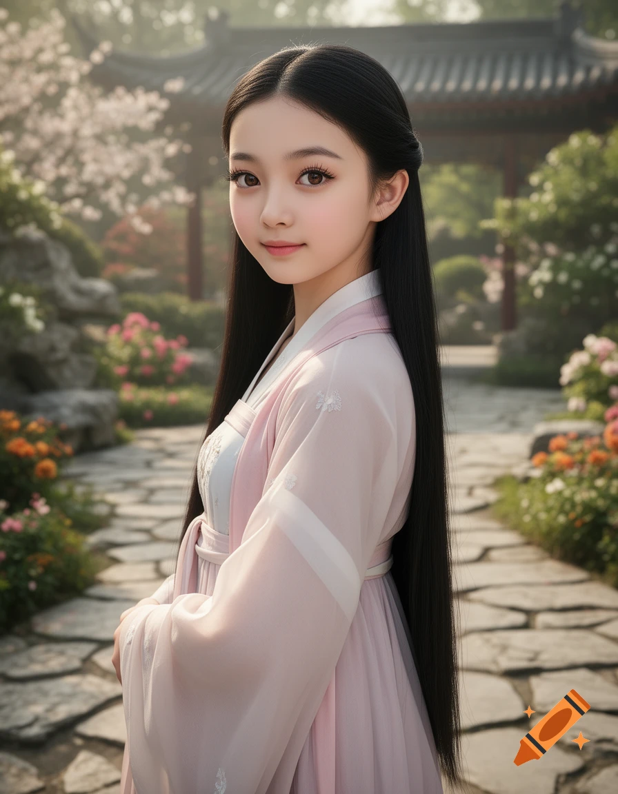 Hyperrealistic portrait of a young Chinese girl in a pastel Hanfu, standing on a stone path in a traditional garden.