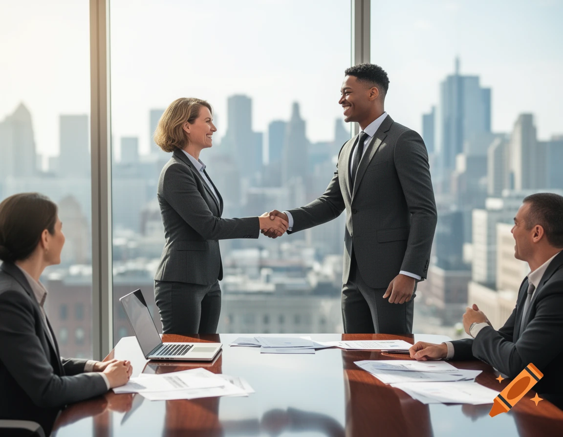 Two business professionals shake hands in a modern office meeting room with a city skyline visible through large windows.