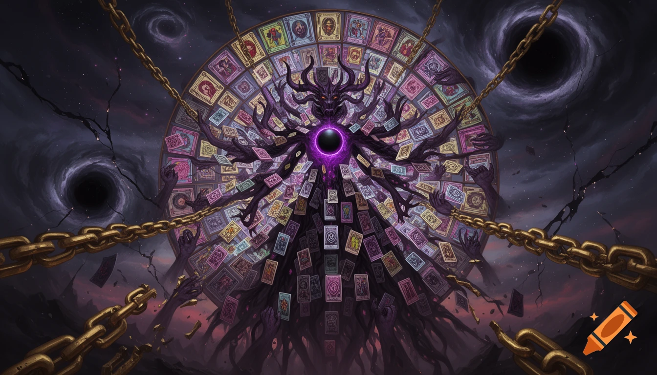 A dark, eldritch god made of tarot cards with a glowing purple core, surrounded by a wheel of cards, black holes, and broken golden chains.