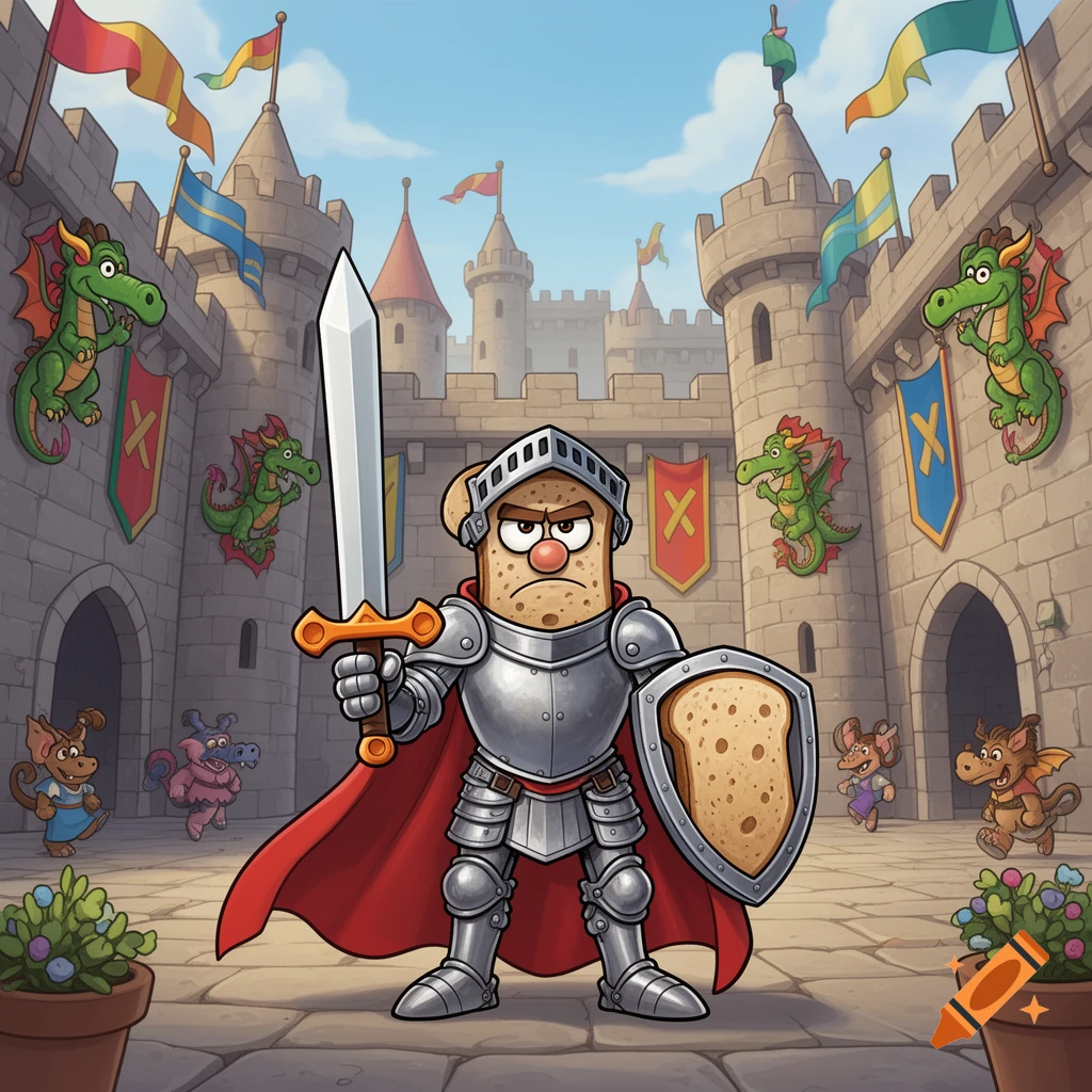 Bernd das Brot, a grumpy bread knight in shining armor with a sword and bread-shaped shield, stands in a castle courtyard with dragons.