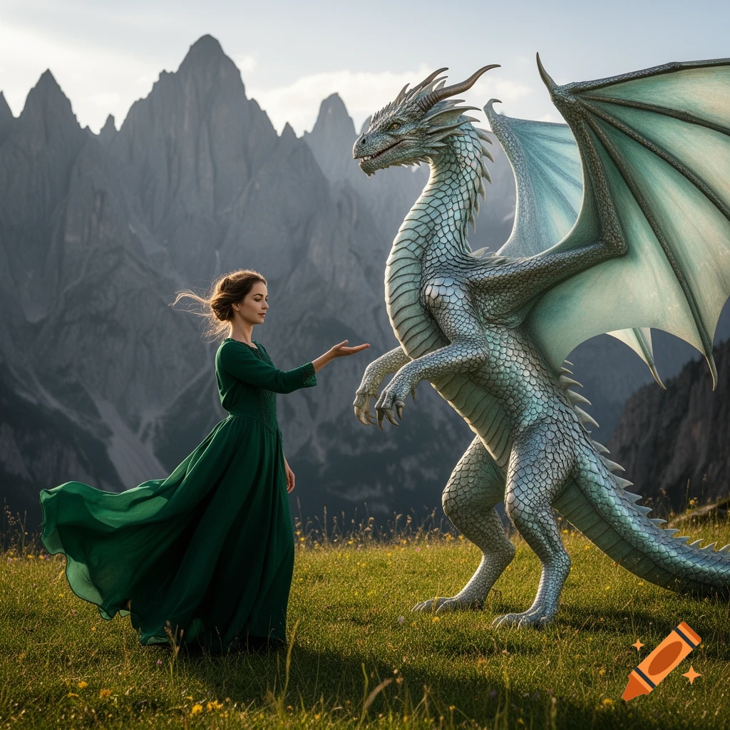 A woman in a green dress extends her hand towards a large silver dragon in a grassy mountain landscape, photorealistic style.