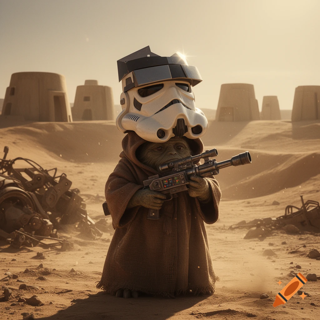 A small, cloaked creature in a desert, wearing an oversized stormtrooper helmet and holding a blaster rifle.