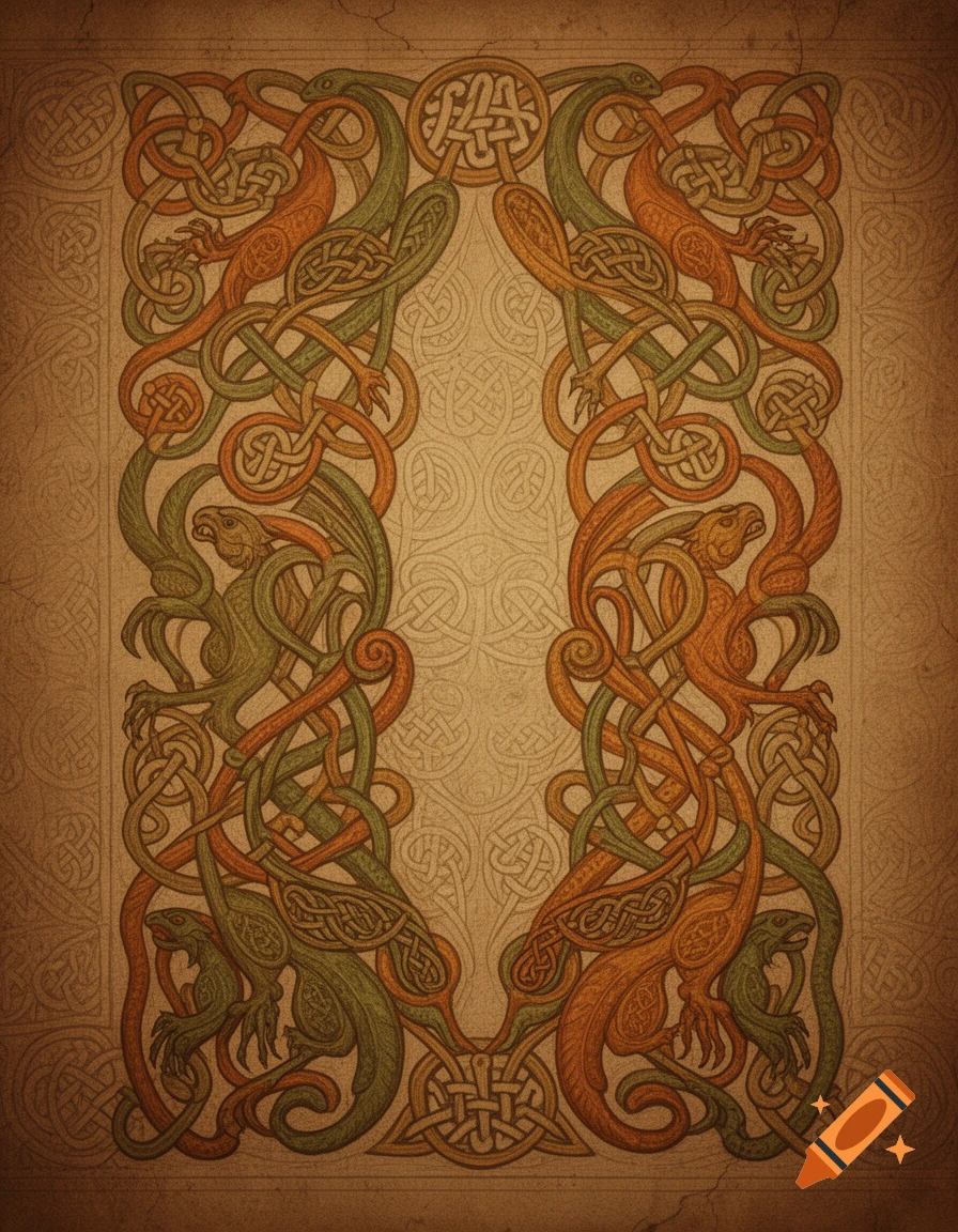 Intricate Celtic knotwork featuring green and orange stylized animals intertwining on a textured brown background.
