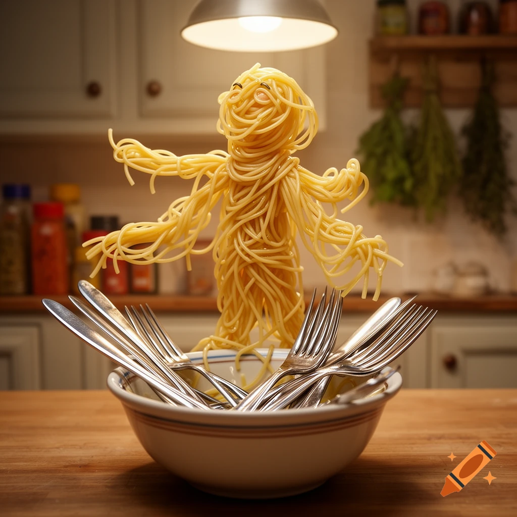 A photorealistic image of a spaghetti monster standing in a bowl filled with forks on a kitchen counter.
