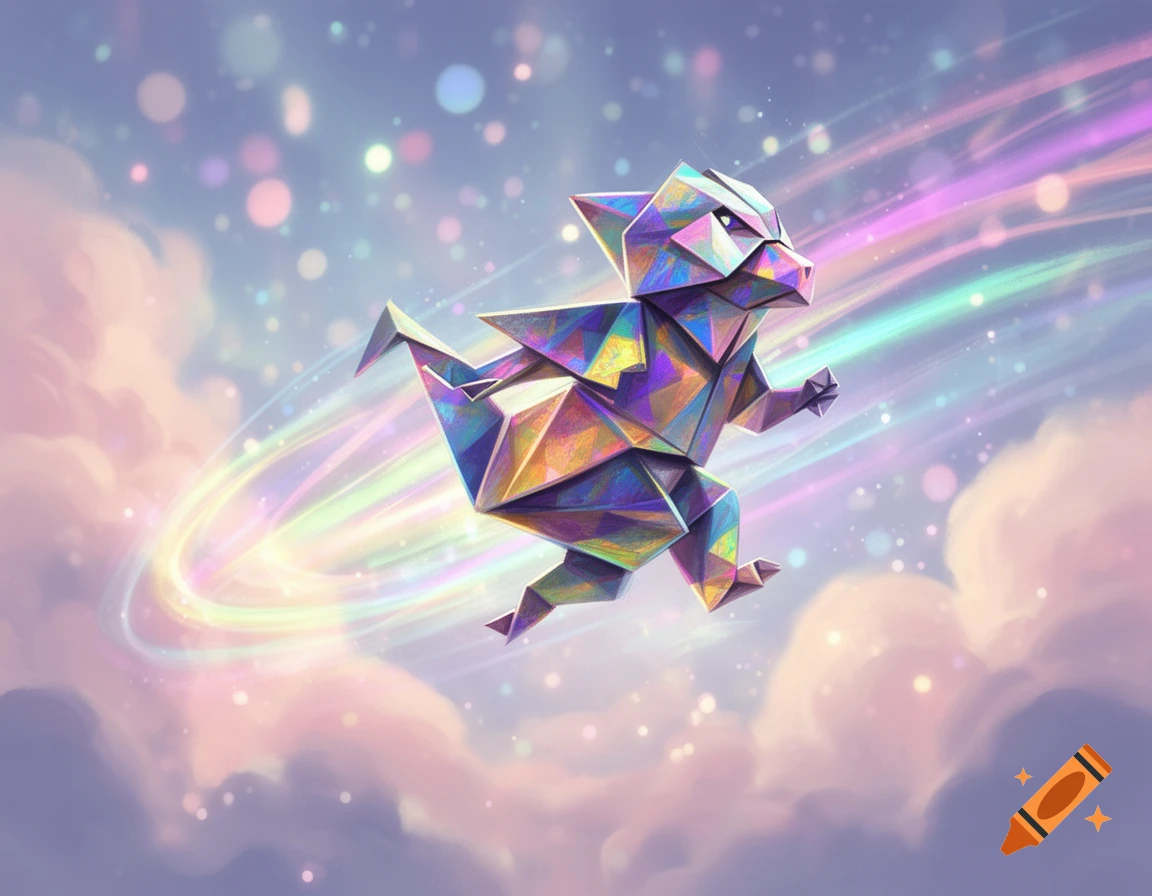An iridescent, geometric origami creature running through a pastel sky with colorful light trails and bokeh effects.