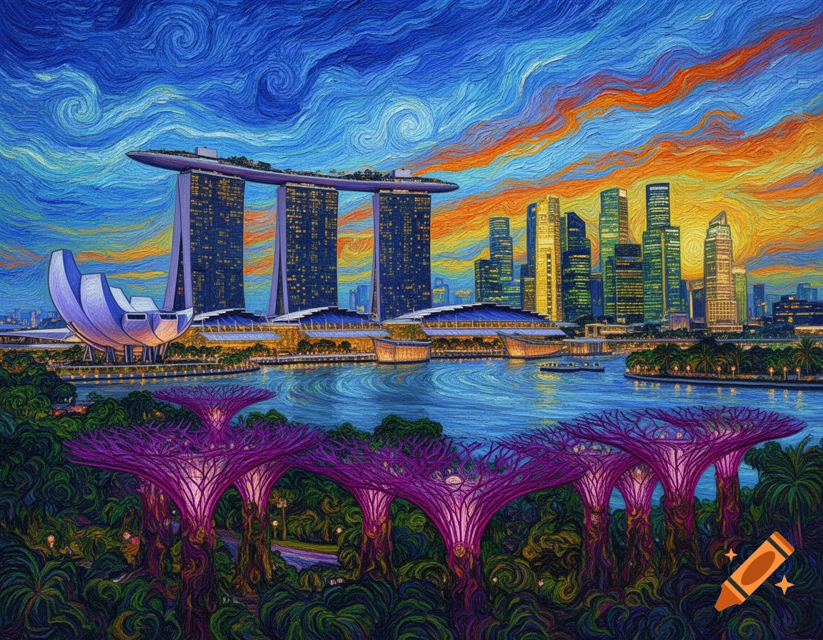 A Van Gogh style painting of the Singapore skyline at sunset, featuring Marina Bay Sands, ArtScience Museum, and Gardens by the Bay Supertrees.