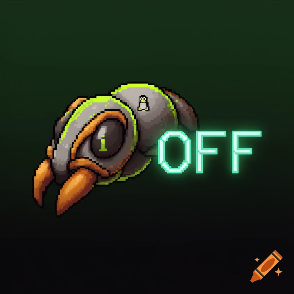 Pixel art ant head with orange mandibles, neon green highlights, a small penguin, and glowing cyan 'OFF' text on a dark green background.