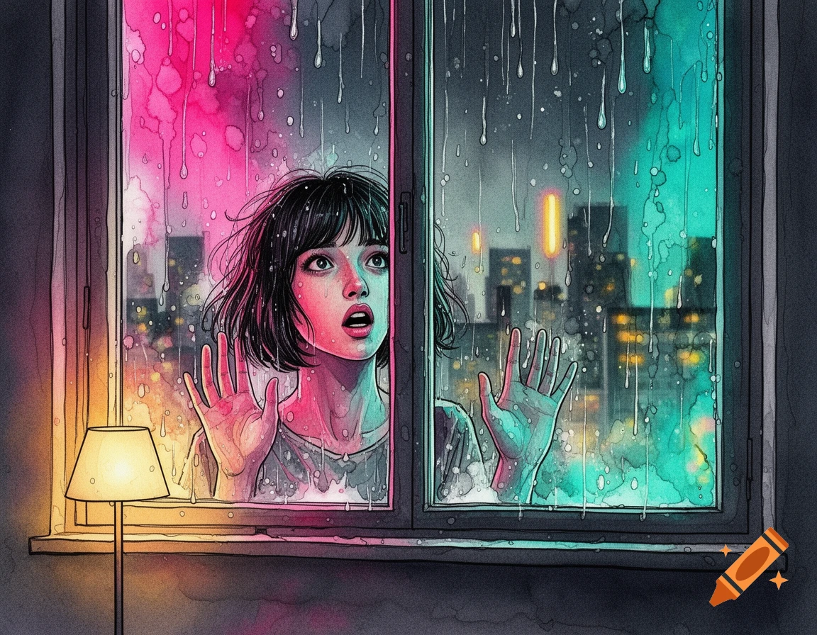 Alcohol ink illustration of a young woman with dark hair looking out a rainy window at a neon-lit city, her hands pressed to the glass.