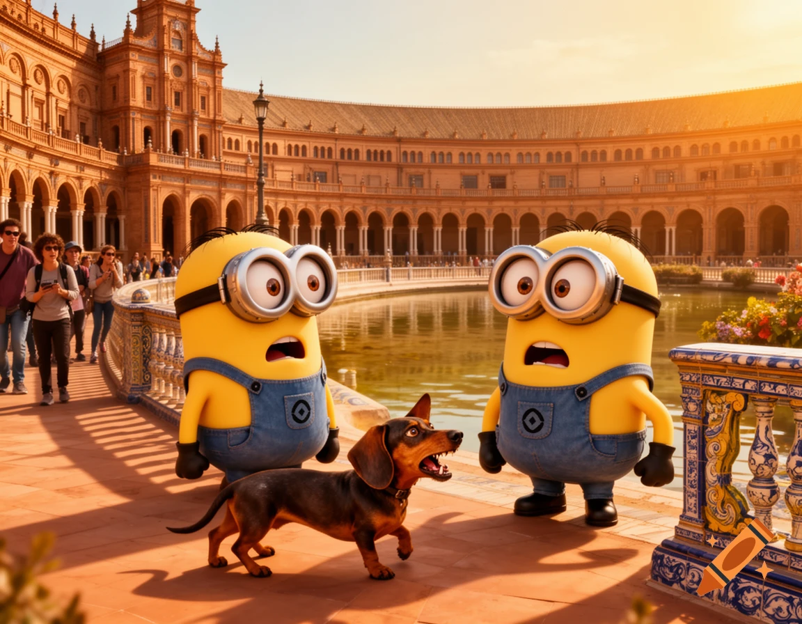 Two surprised Minions stand on a promenade as a barking dachshund approaches them, with the ornate Plaza de Espa yellow buildings in Seville in the background.