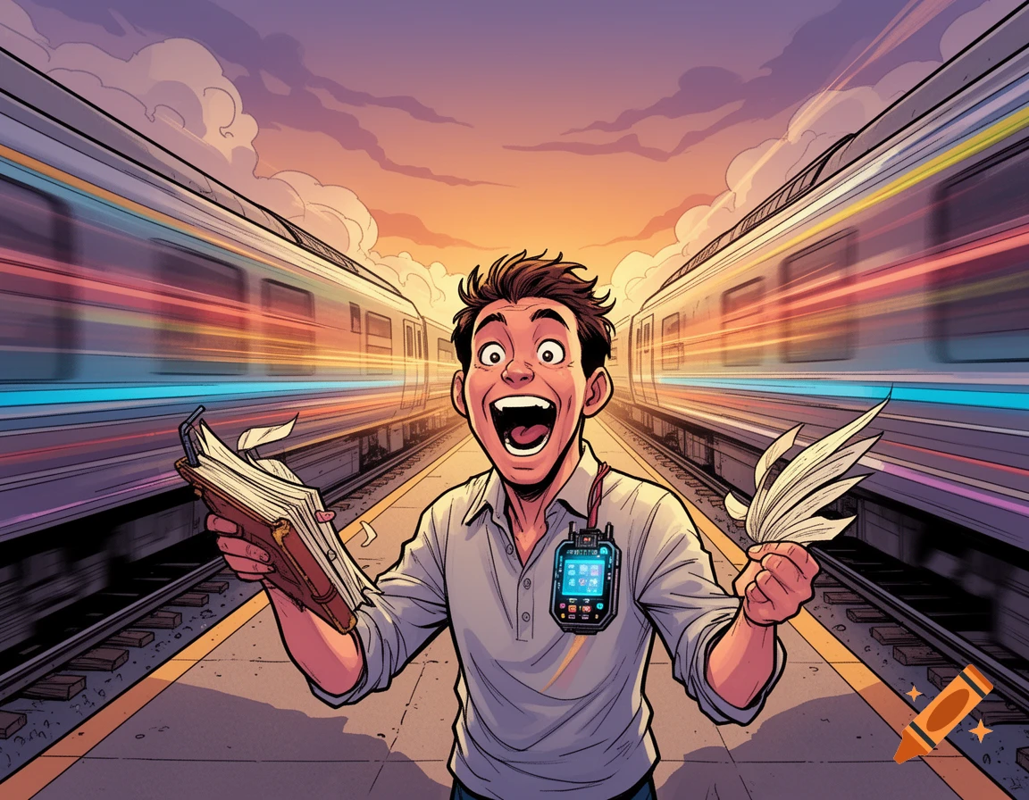 A man on a rail platform excitedly watches trains speed by, holding a notebook and wearing an AI device, in a comic style illustration.