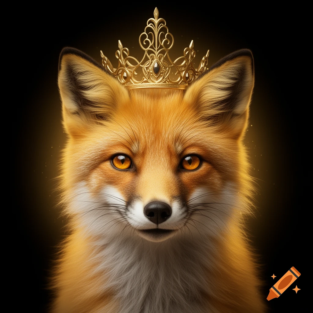 A close-up portrait of an elegant golden fox with large amber eyes, wearing a delicate gold crown, against a black background with a golden aura.