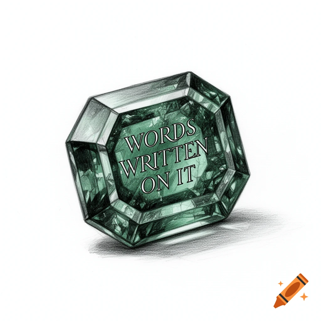 A detailed sketch of a green emerald with the words 'WORDS WRITTEN ON IT' on its surface, on a white background.