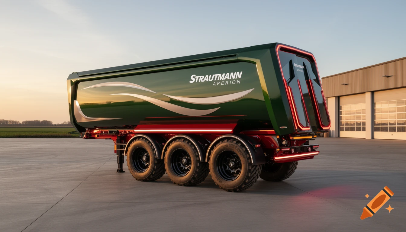 Modern dark green Strautmann Aperion agricultural trailer with red accents and silver decals, parked on a concrete yard at golden hour.