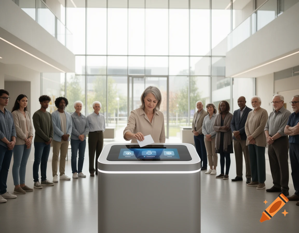 A woman casts a ballot into a modern digital voting station with a touchscreen, flanked by diverse people in a bright, modern building.