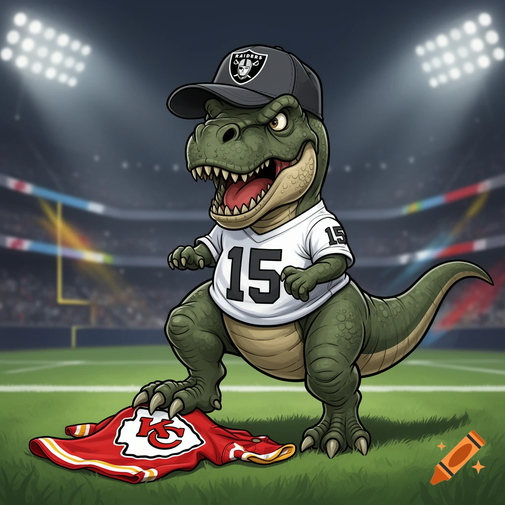 Cartoon T-Rex wearing a Raiders cap and #15 jersey, stepping on a Kansas City Chiefs jersey in a football stadium.