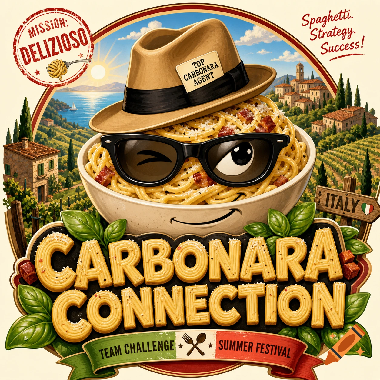 A cartoon logo features a winking bowl of spaghetti carbonara with sunglasses and a fedora, set against an Italian landscape. Text reads 'CARBONARA CONNECTION'.