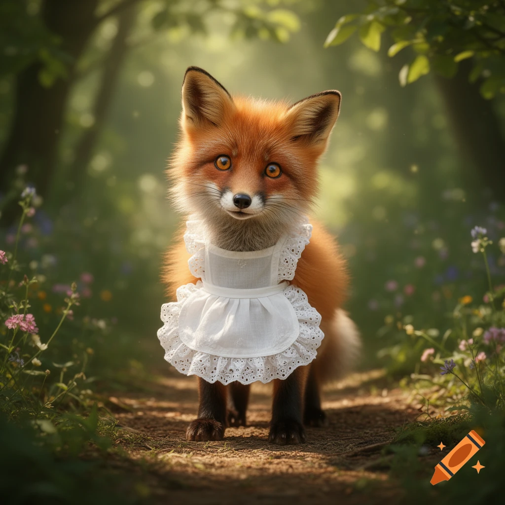 A cute, fluffy red fox wearing a white frilly apron stands on a sunlit forest path.