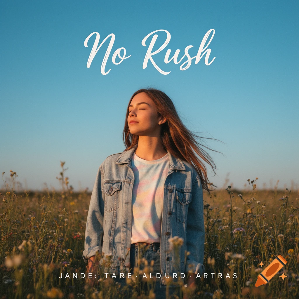 Young woman with eyes closed and hair blowing, standing in a sunny wildflower field under a blue sky, with 'No Rush' and other text.