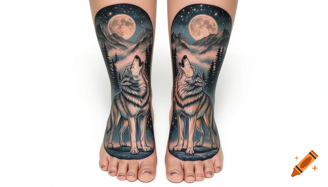 Matching colorful tattoos of wolves howling at a full moon in a forest and mountains, on both feet.
