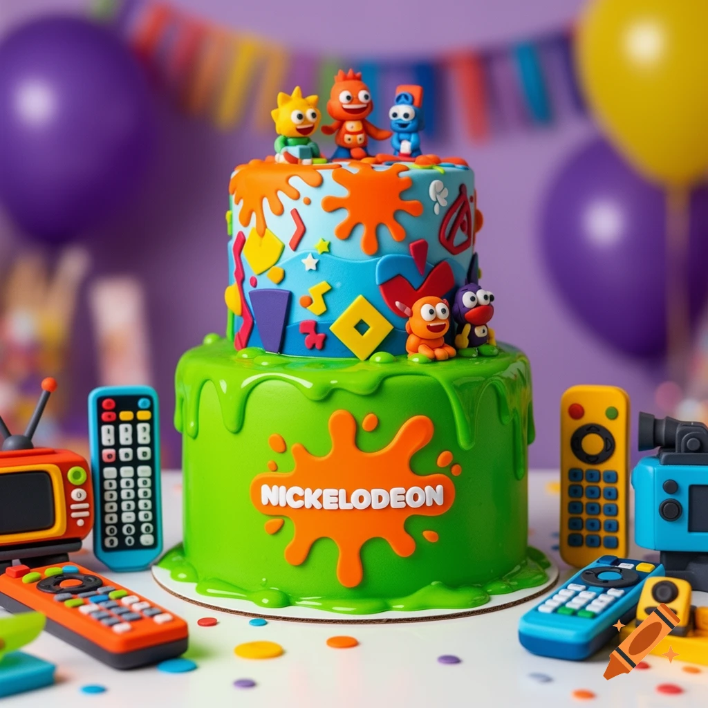 A vibrant two-tiered Nickelodeon birthday cake with green slime, orange splatters, cartoon characters, and toy remote controls.