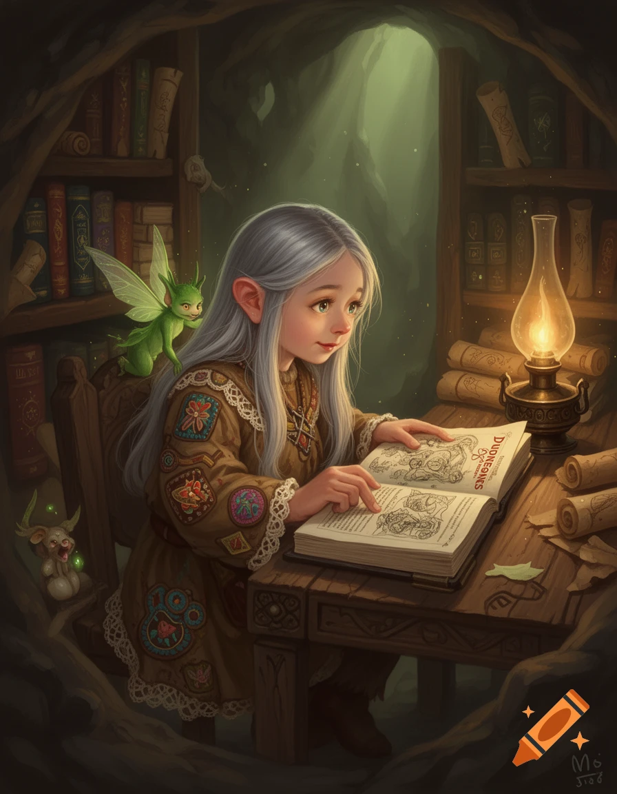 An elf-like girl with long white hair reads a fantasy book with a green fairy on her shoulder in a cozy, magical library.