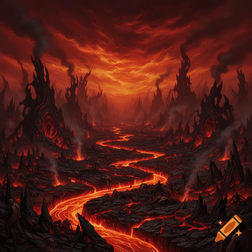 A dark fantasy landscape depicting hell, with a river of glowing orange lava flowing through a cracked, fiery black terrain under a smoky red sky. Jagged, dark rock formations and indistinct figures are scattered throughout the desolate scene.