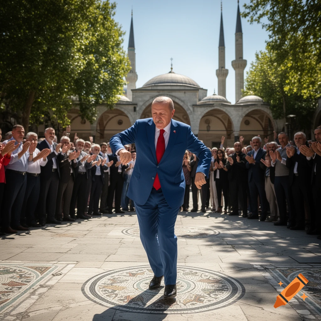 Recep Tayyip Erdoğan dances in a mosque courtyard, surrounded by a clapping crowd, under a clear sky.