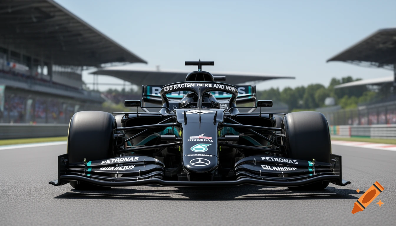 A front-facing, photorealistic view of a black Mercedes W11 F1 car with 'END RACISM HERE AND NOW' on its halo, on a race track.