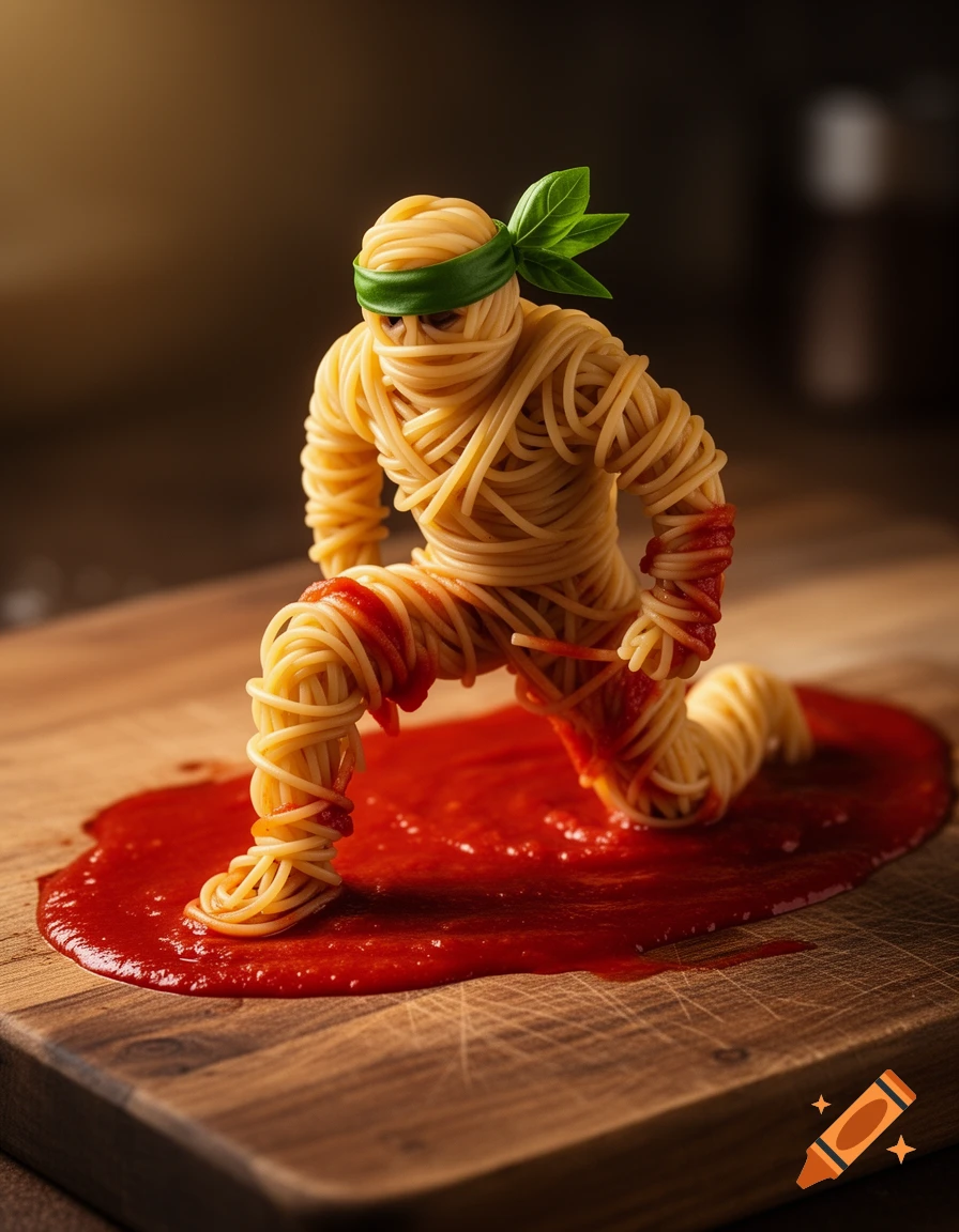 A spaghetti ninja with a green headband, covered in red marinara sauce, kneels on a wooden cutting board in a pool of sauce.