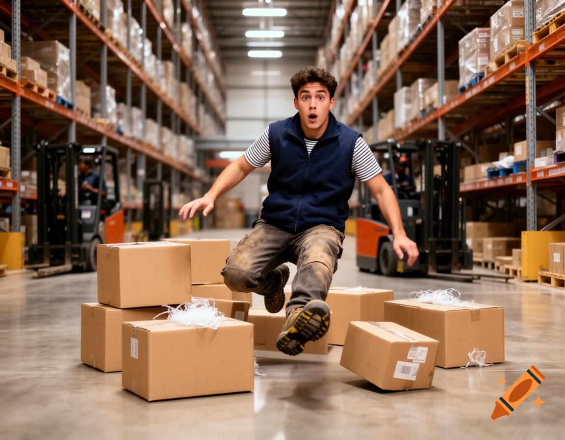 Man with surprised expression falling over cardboard boxes in a busy warehouse aisle, forklifts in background.