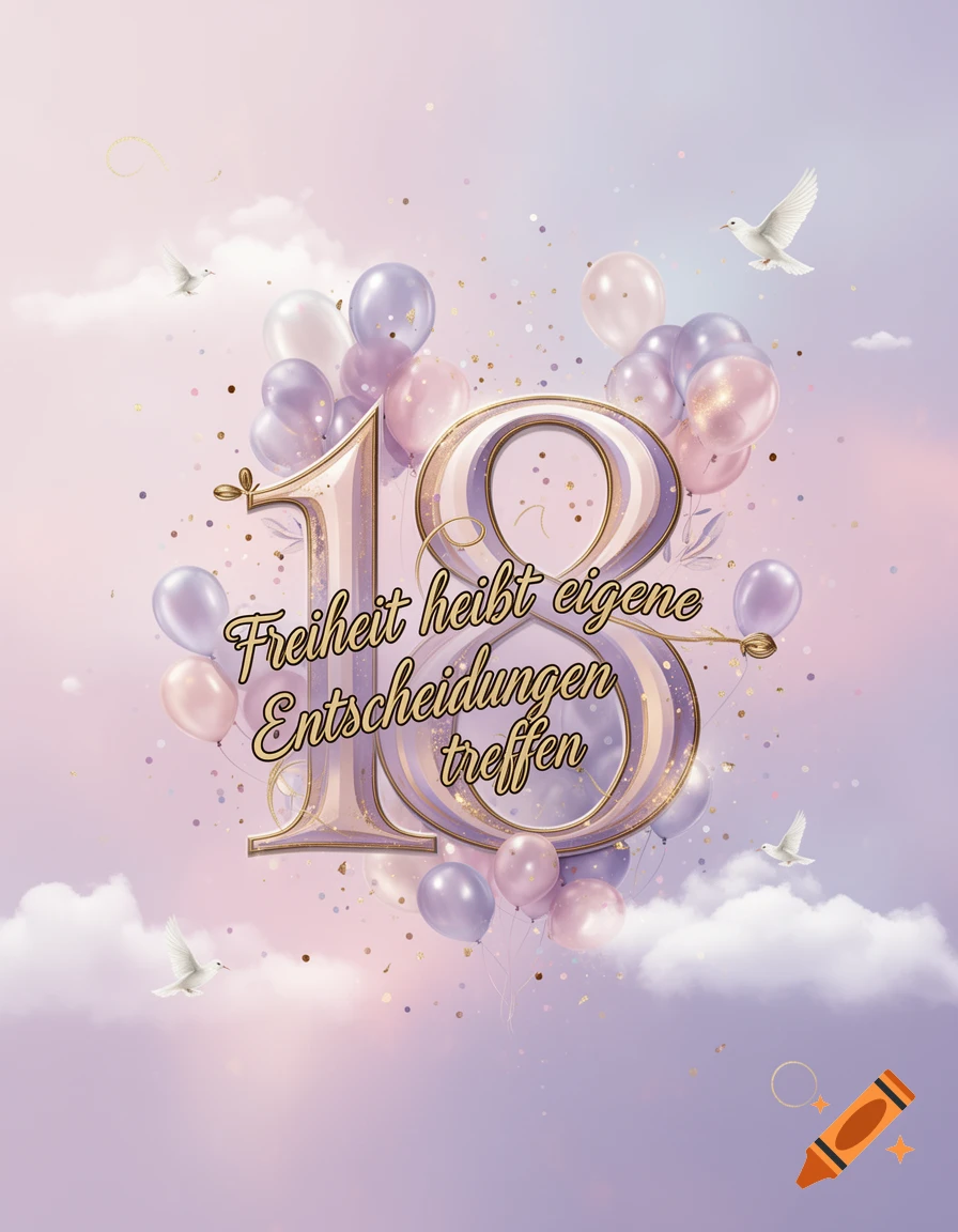 Ornate number 18 with German text "Freiheit heisst eigene Entscheidungen treffen," balloons, confetti, and doves against a pastel sky.