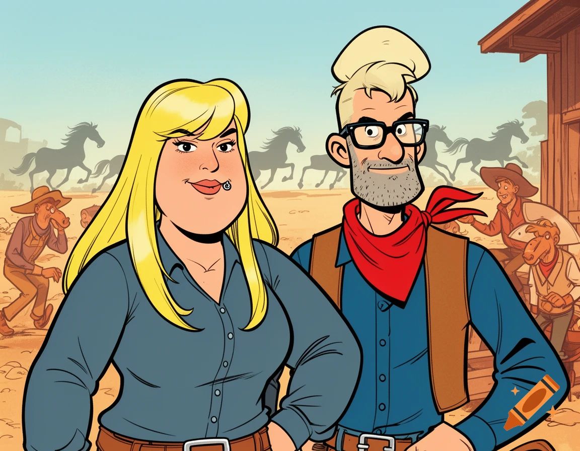 Comic art of a blonde woman with a lip piercing and a bearded man in Western attire, with horses and cowboys in a desert background.