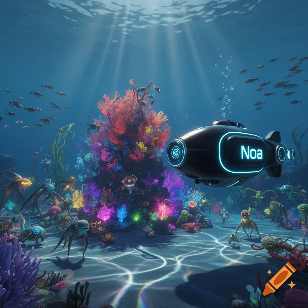 A black futuristic submarine with 'Noa' on its side navigates a vibrant underwater world with glowing coral and diverse alien marine life.