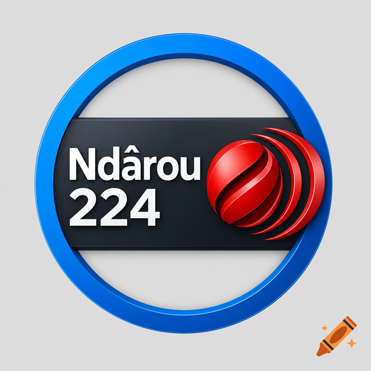 A professional TV news logo with a bright blue outer ring, a dark grey horizontal banner, and a 3D red abstract sphere. White text "Ndârou 224" is on the left.
