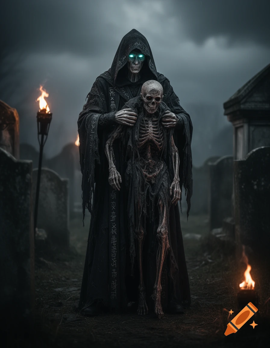 A robed necromancer with glowing blue eyes holds a skeletal corpse in a dark, foggy cemetery with torches and tombstones, in a photorealistic style.
