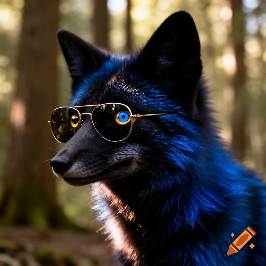 A cool black and blue fox wearing sunglasses, with one eye showing a gold pupil in a blue cornea, and the other a blue cornea with a gold pupil, in a forest.