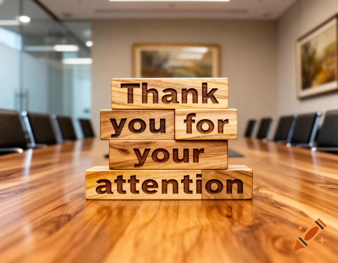 Photorealistic image of wooden blocks spelling "Thank you for your attention" on a conference table.