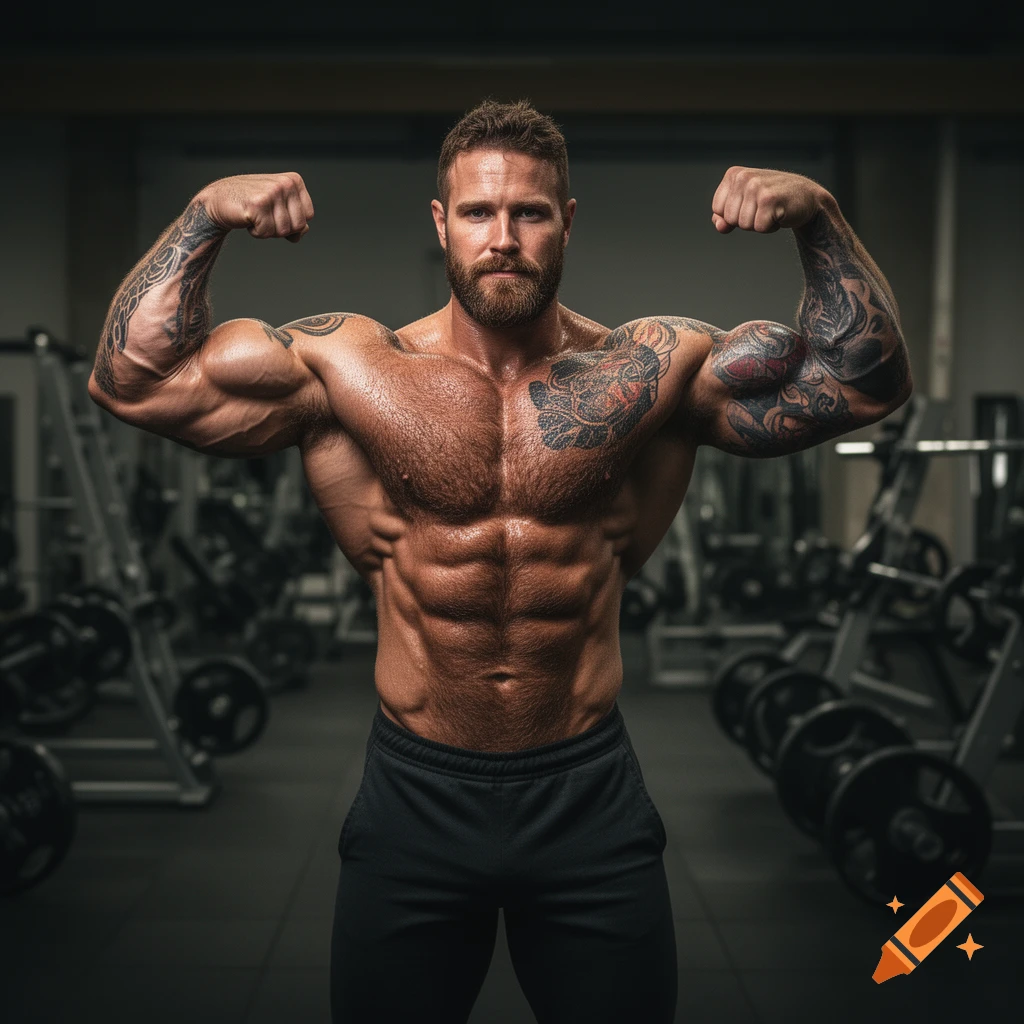 Muscular, bearded man with chest and arm tattoos flexing in a gym, photorealistic style.