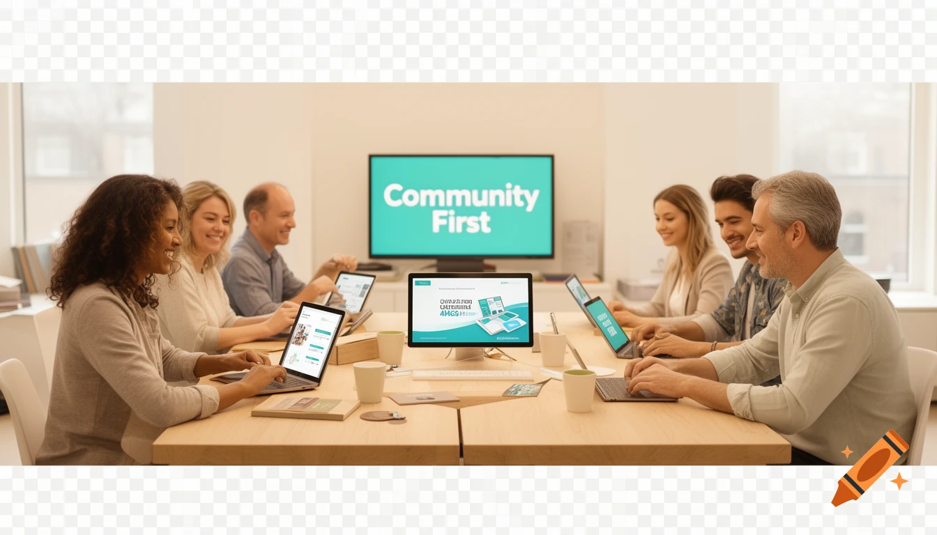 Photorealistic image of diverse professionals in a modern office, working on laptops with 'Community First' displayed on a large screen.