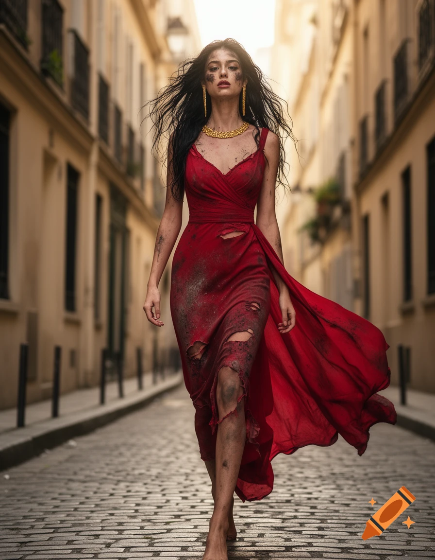 A woman in a ripped, dirty red dress and golden jewelry walks barefoot down a cobbled European alley.
