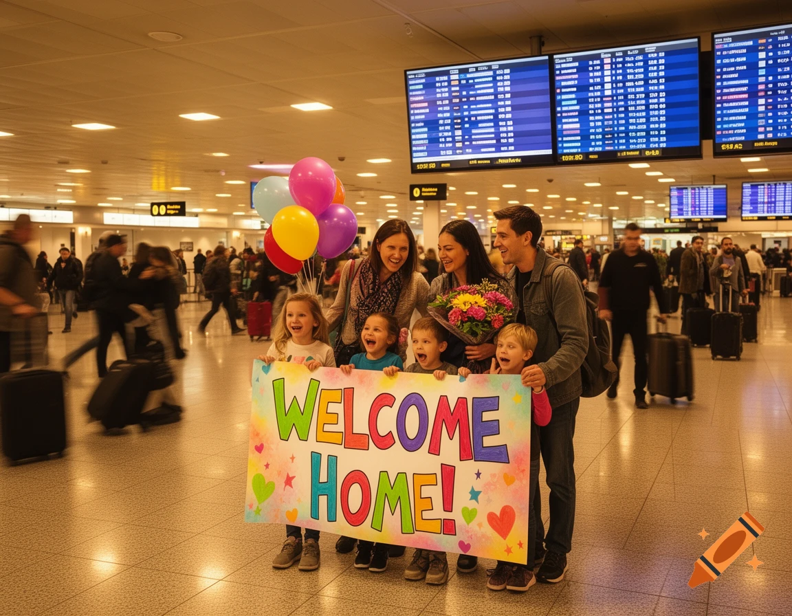 A smiling family holds balloons and a 'WELCOME HOME!' sign at a busy airport, greeting a returning traveler.
