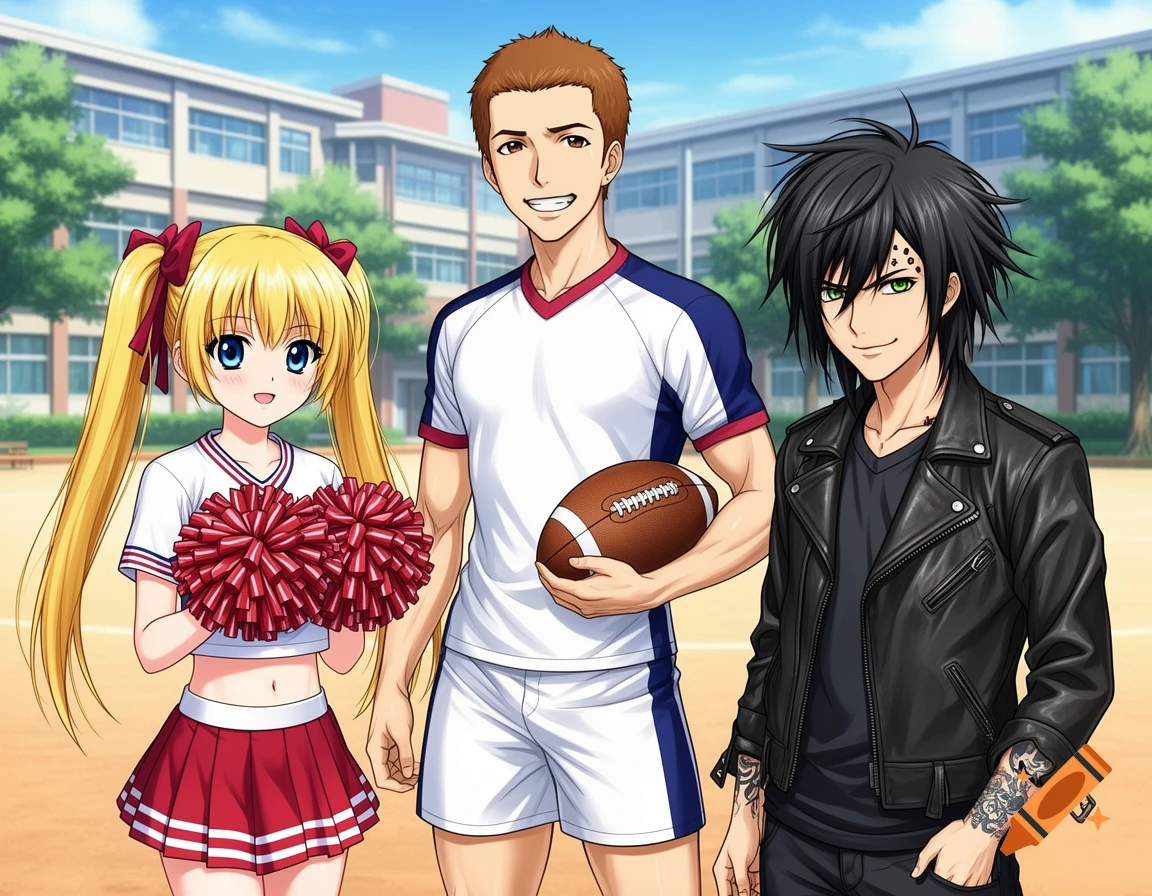 Anime illustration of a blonde cheerleader with pom-poms, a male athlete holding a football, and a punk-rock male student at a school.