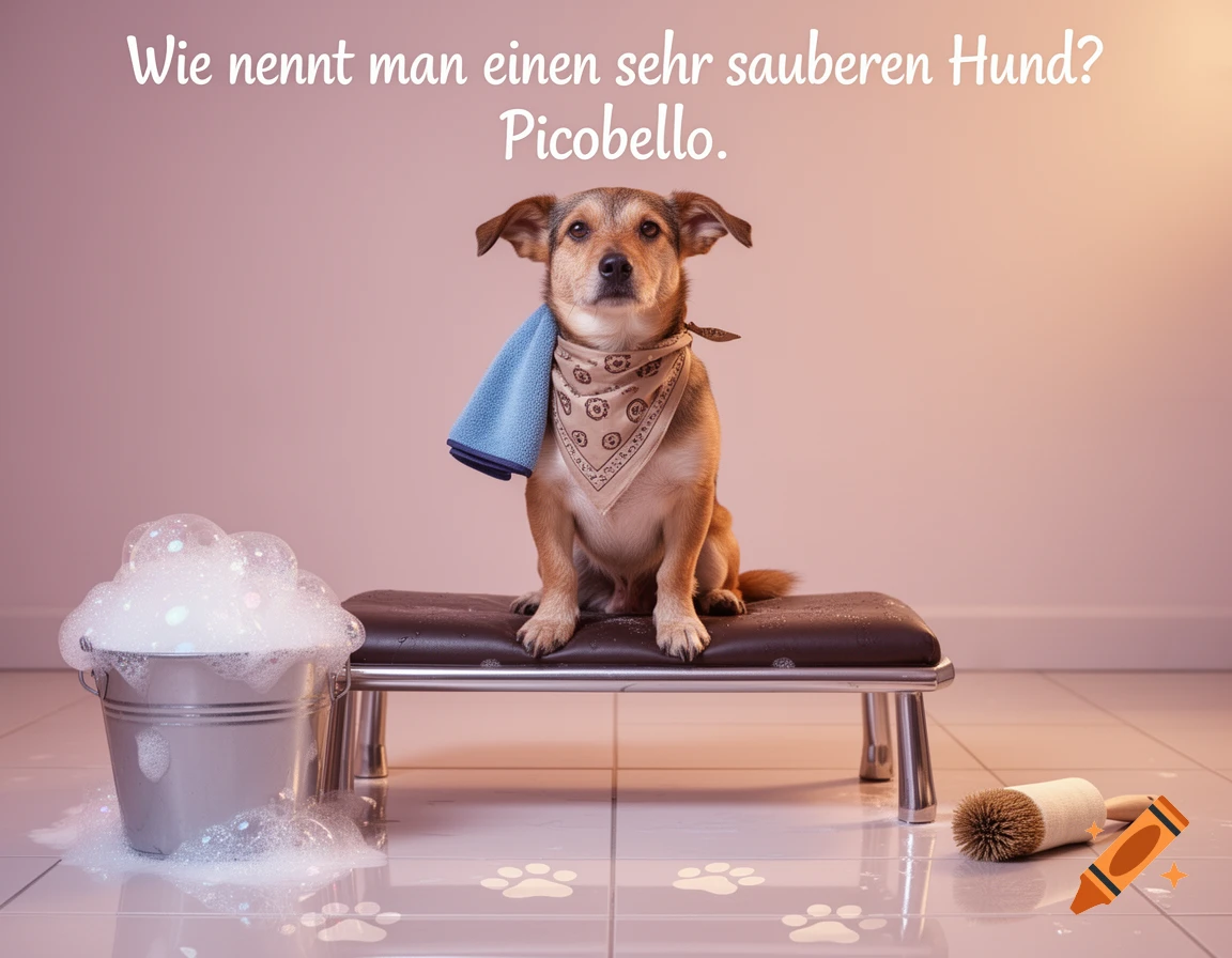 Humorous photorealistic image of a dog on a bath bench with a towel, bubbles, and text: 'Wie nennt man einen sehr sauberen Hund? Picobello.'