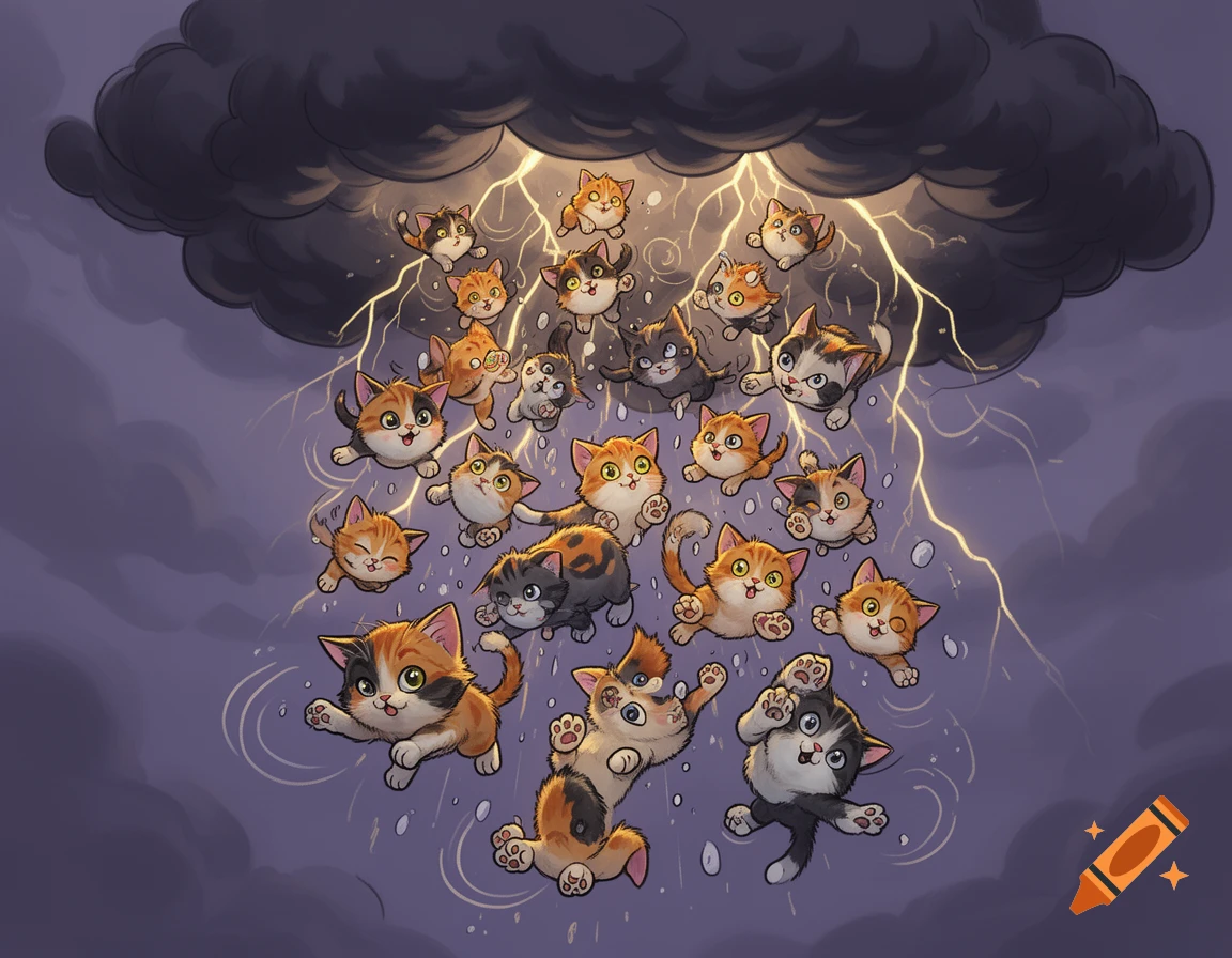 Cartoon kittens falling like rain from a dark storm cloud with lightning.