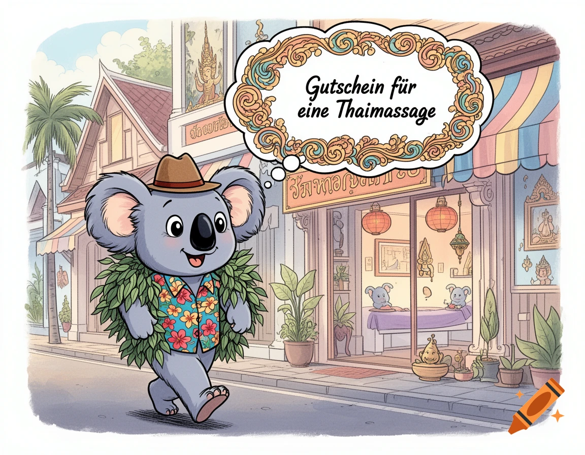 A cute comic koala wearing a Hawaiian shirt and hat walks past a Thai massage shop, thinking "Gutschein für eine Thaimassage".