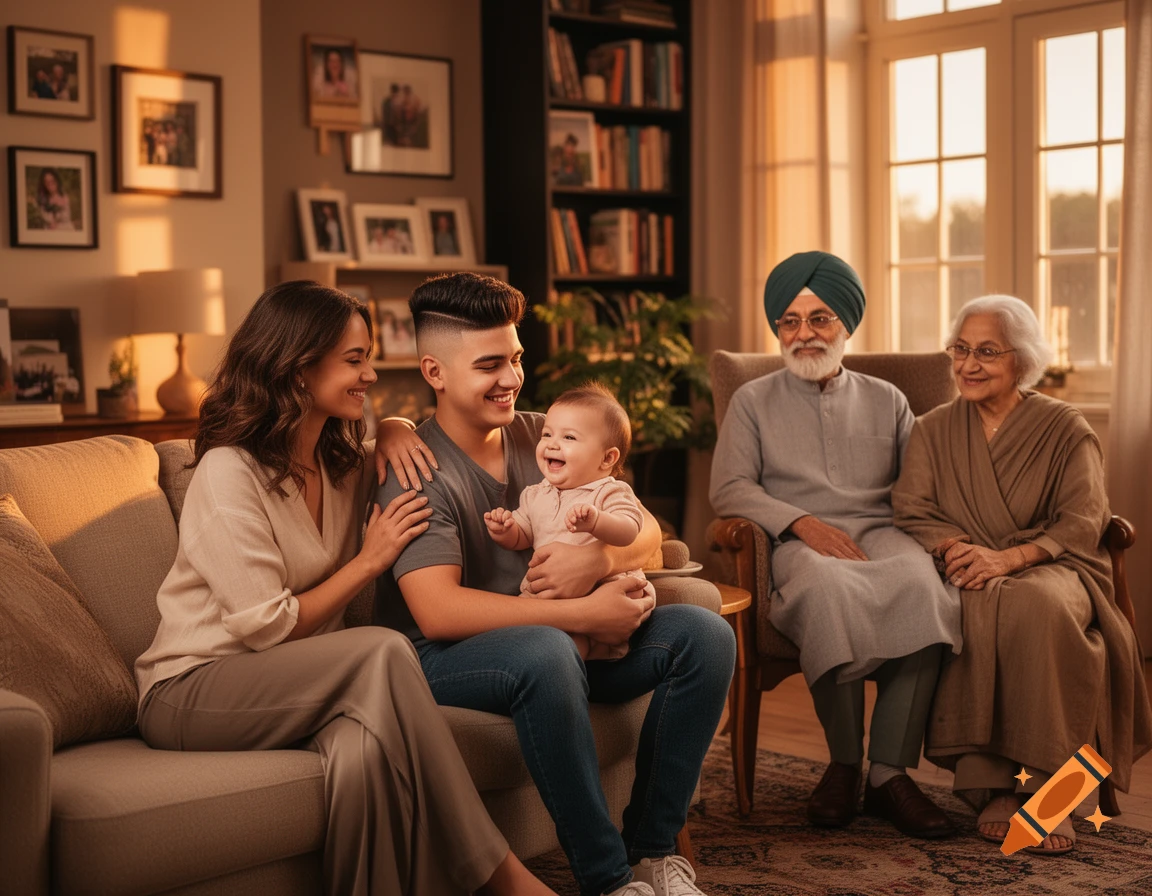 A multi-generational family, including a young couple, a baby, and elderly grandparents, smiling together in a warm living room.