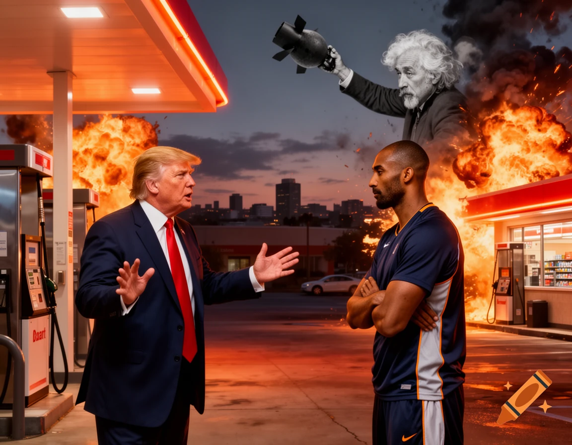 Donald Trump arguing with Kobe Bryant at a gas station engulfed in explosions, with Albert Einstein in the sky dropping a bomb.